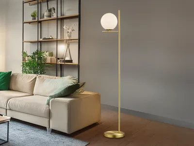 Produktbild von Design LED Stehleuchte Messing mit Lampenschirm Glaskugel weiß - fürs Wohnzimmer