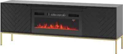 Produktbild von TV-Schrank BRIZZI 02 180 cm Schwarz mit Kamin mit Gold Metallrahmen RTV-Lowboard mit zwei Drehtüren Wohnzimmer