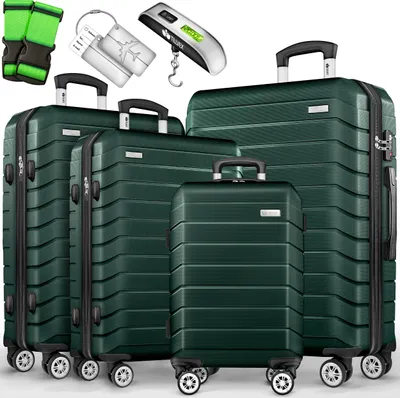 Produktbild von tillvex® Reisekoffer Set 4-TLG. + Gepäckwaage, 8X Koffergurte & 4X Kofferanhänger | Kofferset 4 Rollen | Trolley Gepäck Koffer TSA Schloss | Rollkoffer Hartschalenkofferset S-M-L-XL (Armeegrün)