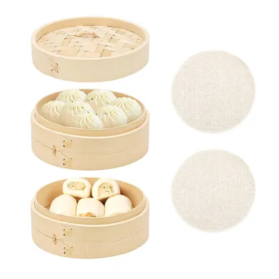 Produktbild von Dampfkorb,Bambus Dampfgarer 2 Etagen mit Deckel,15cm, für chinesische Lebensmittel, Reis, Hühnerfleisch, Meeresfrüchte