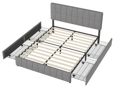 Produktbild von Polsterbett - Doppelbett 160×200 cm - LED-Beleuchtung - Bettkasten mit Schubladen - Metall-Lattenrost - Hellgrau