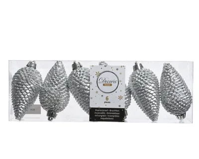 Produktbild von Christbaumschmuck Zapfen 8cm Kunststoff 6 Stück - Silber
