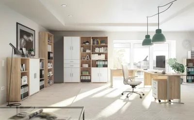 Produktbild von Büromöbel Office Line 9 teilig in Eiche Sonoma und Weiß Komplett Set