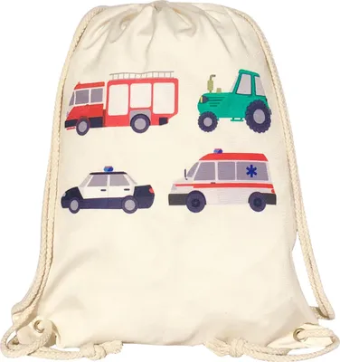 Produktbild von HECKBO Kinder Turnbeutel - beidseitig mit 4 Feuerwehr, Traktor, Krankenwagen & Polizei Bedruckt - Gymsack, Rucksack, Spieltasche, Sportbeutel, Schuhbeutel, Tasche für Jungen Jungs