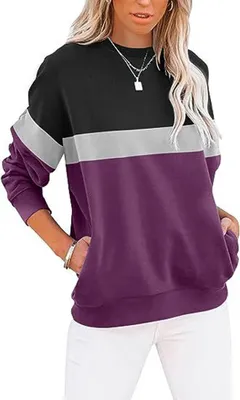 Image de ASKSA Pulls femme col rond manches longues Sweatshirt Casual Lâches Couleur Bloc Automne Hiver Hauts Oversize, Noir&Violet foncé, M