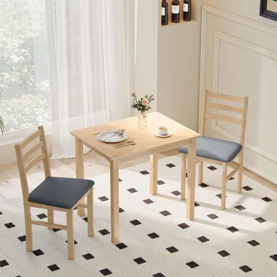 Produktbild von Essgruppe 3-teilig Naturholz, Esstisch-Set mit 2 Stühlen, Kautschukholz MDF, Leinen-Polster, Natur | 80x60x74,5 cm | 21 kg | platzsparend