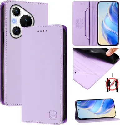 Produktbild von Lederhülle für Huawei Pura 70 Hülle Flip Brieftasche Kartenfächern Ständer Schutzhülle Violett