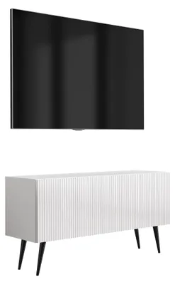Obrázok produktu pre TV skrinka s rýhovaným čelom, matná biela, čierne šikmé nohy, 100 × 32 × 52 cm