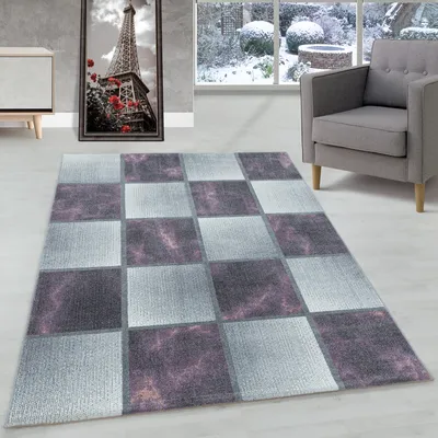 Produktbild von Modern Designer Wohnzimmer Teppich Weicher Kurzflor Kariert Design Robust, Farbe:Lila, Grösse:140x200 cm