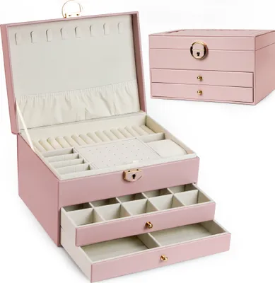 Produktbild von AdelDream Schmuckkasten dreistöckige Schmuckbox Schmuckschatulle mit linearem Design Schmuckaufbewahrung Geburtstags Rosa