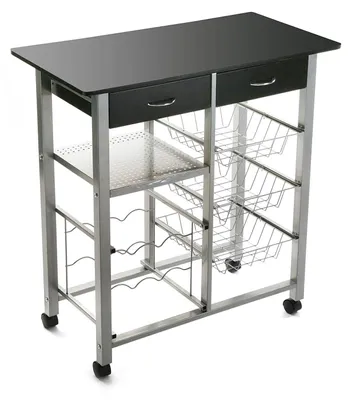 Imagen del producto de Carrito de cocina Versa Leicester con ruedas, cajones y estante para botellas, ideal para transportar verduras
