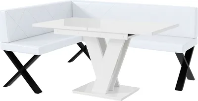 Produktbild von MEBLINI Eckbank für Esszimmer mit ausziehbarem Tisch  - Küchenbank - Essecke - Sitzecke Küche - ERIC - X-Beine 128x168x87cm Links - Weiß Kunstleder/M Weiß Hochgl.