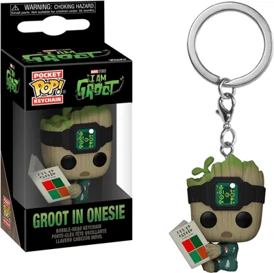 The image shows a Funko Pocket POP! Keychain of Groot in a onesie, both in its packaging and as a standalone item.