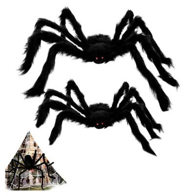 Produktbild von Halloween Spinnen, große Spinnen Deko für den Außenbereich, Spinnennetz mit realistischen Spinnen (90cm und 75cm)