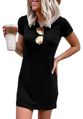 Produktbild von Minikleid für Damen, Rundhalsausschnitt, kurze Ärmel, einfarbig, mit Taschen