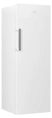 A white upright freezer with a silver handle.