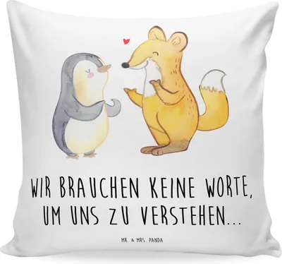 Produktbild von Mr. & Mrs. Panda kuschelkissen 40x40 Fuchs & Pinguin gehörlos - Weiß - Geschenk, Zierkissen, Kissen, Bedrucktes, Gebärdensprache, bedruckt, Polster, Sofa