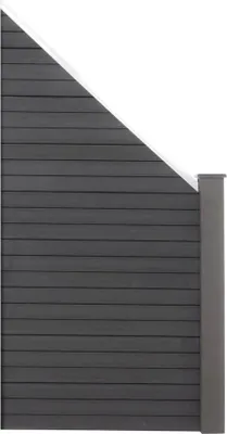 A section of a dark gray composite fence with a diagonal white top edge, shown against a white background.