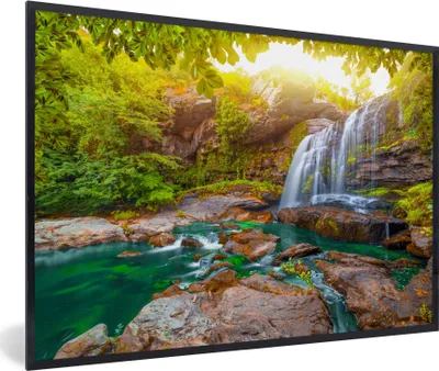 Produktbild von MuchoWow® Gerahmtes Poster Natur - Wasserfall - Pflanzen - Bäume - Sonne 90x60 cm - Poster mit Schwarzem Bilderrahmen Wandposter Rahmen Foto Bilder - Fotorahmen - Foto-Plakat