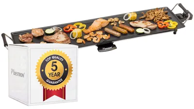 Produktbild von Bestron elektrischer Tischgrill, XXL Plancha-/Teppanyaki-Grillplatte mit Antihaftbeschichtung, Grillspaß für bis zu 8 Personen, extra lange Grillfläche, 1.800 Watt, Farbe; Schwarz, 90,5 x 23,7 cm