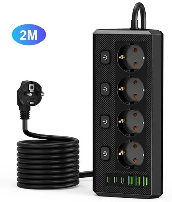 Produktbild von Steckdosenleiste 4-Fach 6 USB Mehrfachsteckdose mit Flachstecker und Schalter Überspannschutz und Mehrfachstecker Kabellänge 2M 10 A 220-250V 220 V