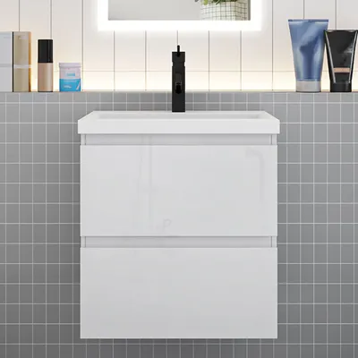 Produktbild von Badmöbel Set HUTI-Serie 50cm Keramik Waschbecken mit Unterschrank Badezimmermöbel mit 2 Schubladen Hochglanz Weiß Hängeschrank