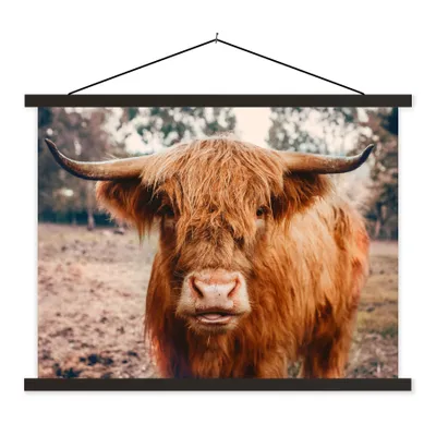 Produktbild von MuchoWow® Textilposter Kuh - Schottischer Hochländer - Hörner - Braun - Landschaft 150x113 cm mit holzfarbenen Rahmen - Poster