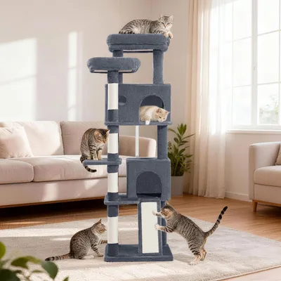 Produktbild von Fobyfurny Groß, 152 cm Mehrstöckiger Katzenbaum, Dunkelgrau | 2 Bequemen Katzenhöhlen, Kratzsäulen, Kratzbrett, 2 Oberplattformen, Seitenruheplattform