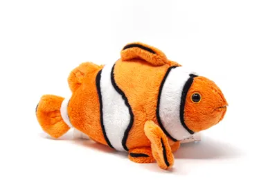 A plush toy clownfish on a white background.