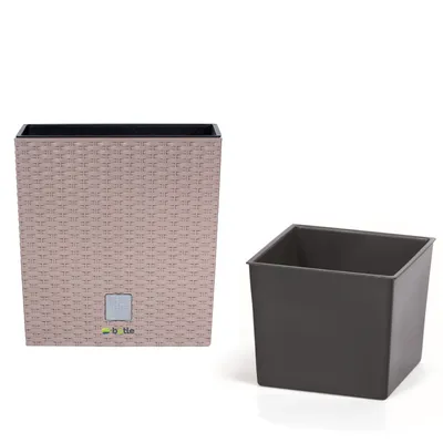 Productafbeelding van Bloempot, rattanlook, mokka, vierkant, 17x17x17 cm, inhoud 4 liter, trapeziumvormig, kunststof