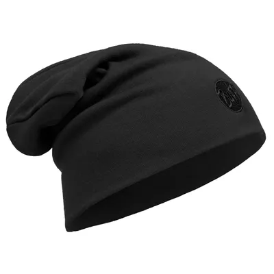 A black beanie is shown against a white background.