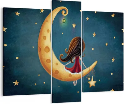 Produktbild von Bild auf Leinwand - Leinwandbild - 3 Teile - Kinder Mädchen Mond - 95x80cm - Wand Bild - Wanddeko - Wandbilder - Leinwanddruck - Bilder - Wanddekoration - Leinwand bilder - Wandbild - CB95x80-4683