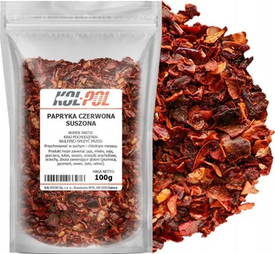 Zdjęcie produktu dla PAPRYKA CZERWONA PŁATKI 100g Suszona aromatyczna naturalna jakość Kol-Pol