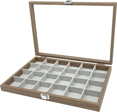 Produktbild von Holz Schmucklade 24 Fächer für Schmuck Ringe Ohrringe Halsketten Armbänder Schmuckkoffer Schmuckkasten Schmuckbox Aufbewahrung Schmuckdisplay Deckel aus Echtglas Schmuckschatulle
