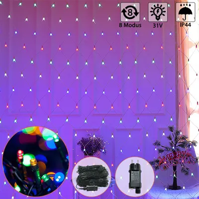 Produktbild von LZQ 3 x 2 m LED Lichternetz 250 LEDs Lichterkette Vorhang Lichter Netz Beleuchtung Deko Weihnachten für Innen und Außen, Halloween, Hochzeit, Party - Bunt, Dunkelgrün Kabel