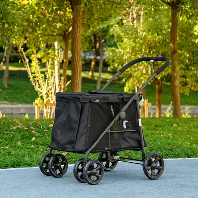 Produktbild von Hundebuggy klappbar mit Kissen, Hundewagen, Oxford-Gewebe, 3 Seitentaschen, Schwarz | 102x62x105 cm | 8,6 kg | 2 Sicherheitsleinen