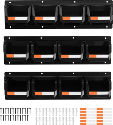 Obrázok produktu pre SucceBuy Stohovateľné boxy na stenu, 137x105x75 mm (sada 12) s 3 kovovými lištami, úložný kontajner na skrutky, matice, skrutky, klince a organizáciu náradia v dielni, hobby miestnosti alebo garáži, čierna