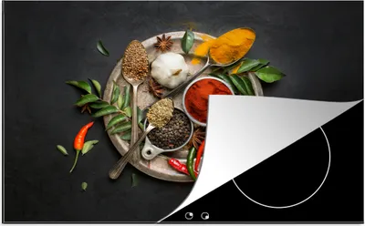 Produktbild von KitchenYeah© Herdabdeckplatte Gewürze - Teller - Pfeffer - Schwarz - Löffel - Silber , 81x52cm, Küche Deko, Glaskeramikkochfeld Herdabdeckung, Abdeckplatte fùr Kochfeld