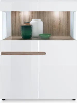 Produktbild von Ess-/Wohnzimmer Highboard mit Beleuchtung in weiß Hochglanz mit Trüffel Eiche Nb. LEGNICA-129, B/H/T ca. 109,5/143,5/42 cm