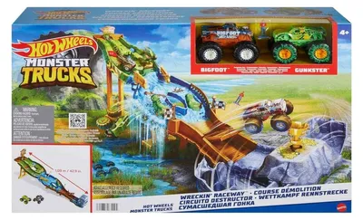 Produktbild von Hot Wheels Monster Trucks Rennstrecke Spielset mit 2 Trucks, Fahrzeug- & Schienen-Set, 4 Jahr(e), Kunststoff, Metall