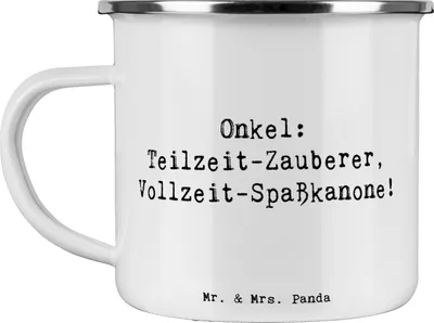 Produktbild von Mr. & Mrs. Panda Kaffeepott Spruch Spaßiger Onkel - Weiß - Geschenk, Pott, Teetasse, Outdoor Tasse, Familienangehöriger, Verwandte, Haferl, Handarbeit, Emaille, Becher