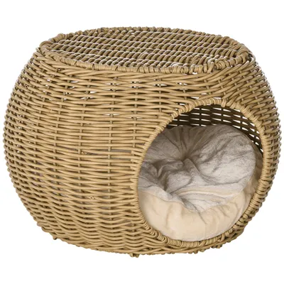 Image de PawHut Nichoir pour chat, lit pour chat, panier pour chat, maison pour chat en imitation résine tissée, coussin moelleux en rotin, Ø 40 x 30 cm, marron clair