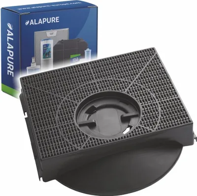 A close-up of a charcoal filter, with a product box in the background.