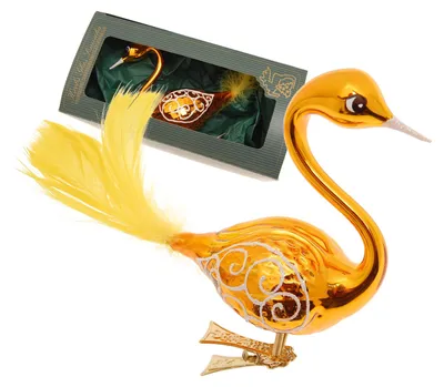 Produktbild von Krebs Glas Lauscha Christbaumschmuck: Glas-Schwan in gold mit Clip-Fuß - ca. 9cm + ca. 5cm Echtfeder