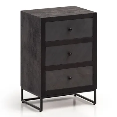 Produktbild von Nachttisch Mango Massivholz / Steinoptik 40x60x30 cm Nachtschrank Boxspringbett, Design Nachtkonsole Schwarz mit 3 Schubladen, Nachtkommode mit Stauraum & Metallgestell