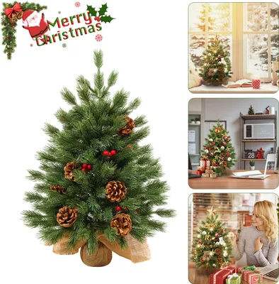 Zdjęcie produktu dla UISEBRT 60cm mini sztuczna choinka z LED, choinka wykonana z PE z szyszkami i jagodami, do dekoracji świątecznych w pomieszczeniach