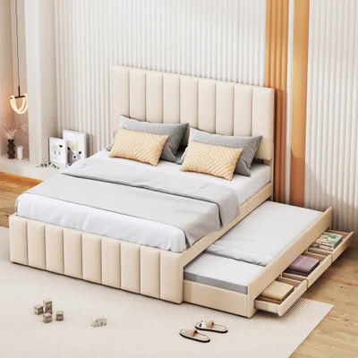 Produktbild von ProximaX Polsterbett 140 x 200 cm mit Ausziehbett und Schubladen, hautfreundliche Leinenpolsterung, Doppelbett, Kinderbett, Jugendbett, Gästebett (Beige)