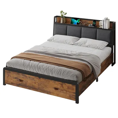 Produktbild von AODEMOKO Bett 160x200 cm, Metallbett Bettgestell mit Ladestation und 2 Schubladen, Schwarz + Vintage Braun