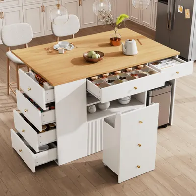 Immagine prodotto di okwish: Mobiletto da cucina / carrello servitore con funzione seduta e spazio contenitivo, credenza su ruote, tavolino bar con due ripiani aperti e sei cassetti, colore bianco