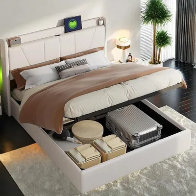 Produktbild von Jugendbett 140x200 mit Stauraum Hydraulisches, Boxspringbett Bett mit Lattenrost, Doppelbett mit USB Ladefunktion, Stauraumbett Funktionsbett Bettgestell, Beige Leinen, ohne Matratze